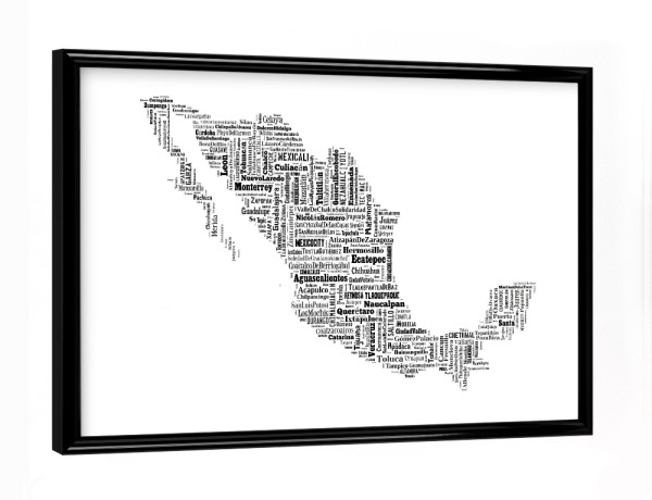 Poster mit schwarzem Rahmen "Mexiko Map Black" artboxONE - Typografie,Reise,Schwarzweiß,Reise / Länder,Weltkarten,Kartografie