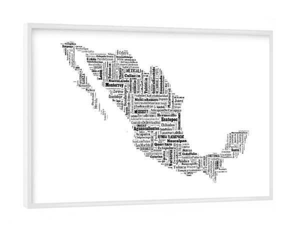 Poster mit weißem Rahmen "Mexiko Map Black" artboxONE - Typografie,Reise,Schwarzweiß,Reise / Länder,Weltkarten,Kartografie