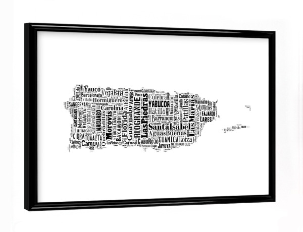 Poster mit schwarzem Rahmen "Puerto Rico Map Black 2" artboxONE - Typografie,Reise,Schwarzweiß,Reise / Länder,Weltkarten,Kartografie