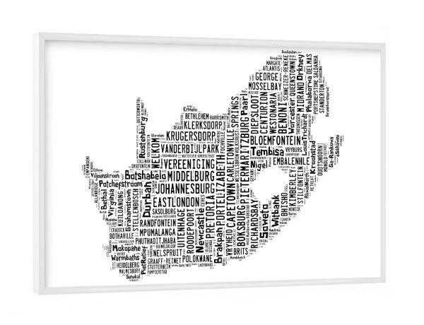 Poster mit weißem Rahmen "South Africa Map Black 2" artboxONE - Typografie,Reise,Schwarzweiß,Reise / Länder,Weltkarten,Kartografie