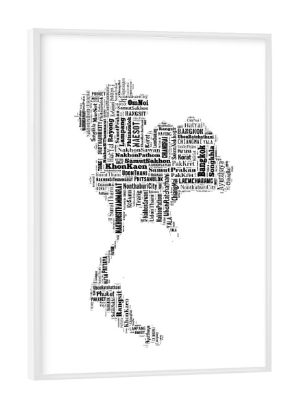 Poster mit weißem Rahmen "Thailand Map Black" artboxONE - Typografie,Reise,Schwarzweiß,Reise / Länder,Weltkarten,Kartografie
