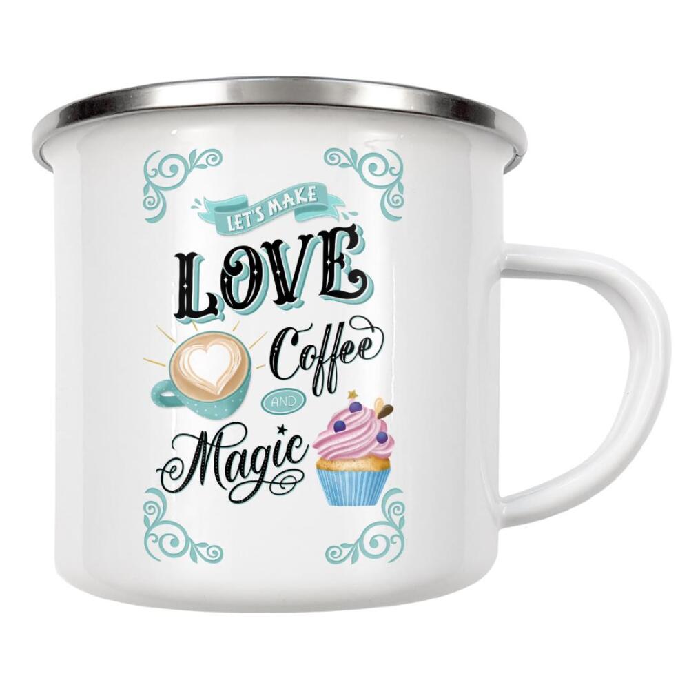 Emaille Tasse "Love, Coffee and Magic" artboxONE - Typografie,Essen & Trinken / Alkohol,Lustig