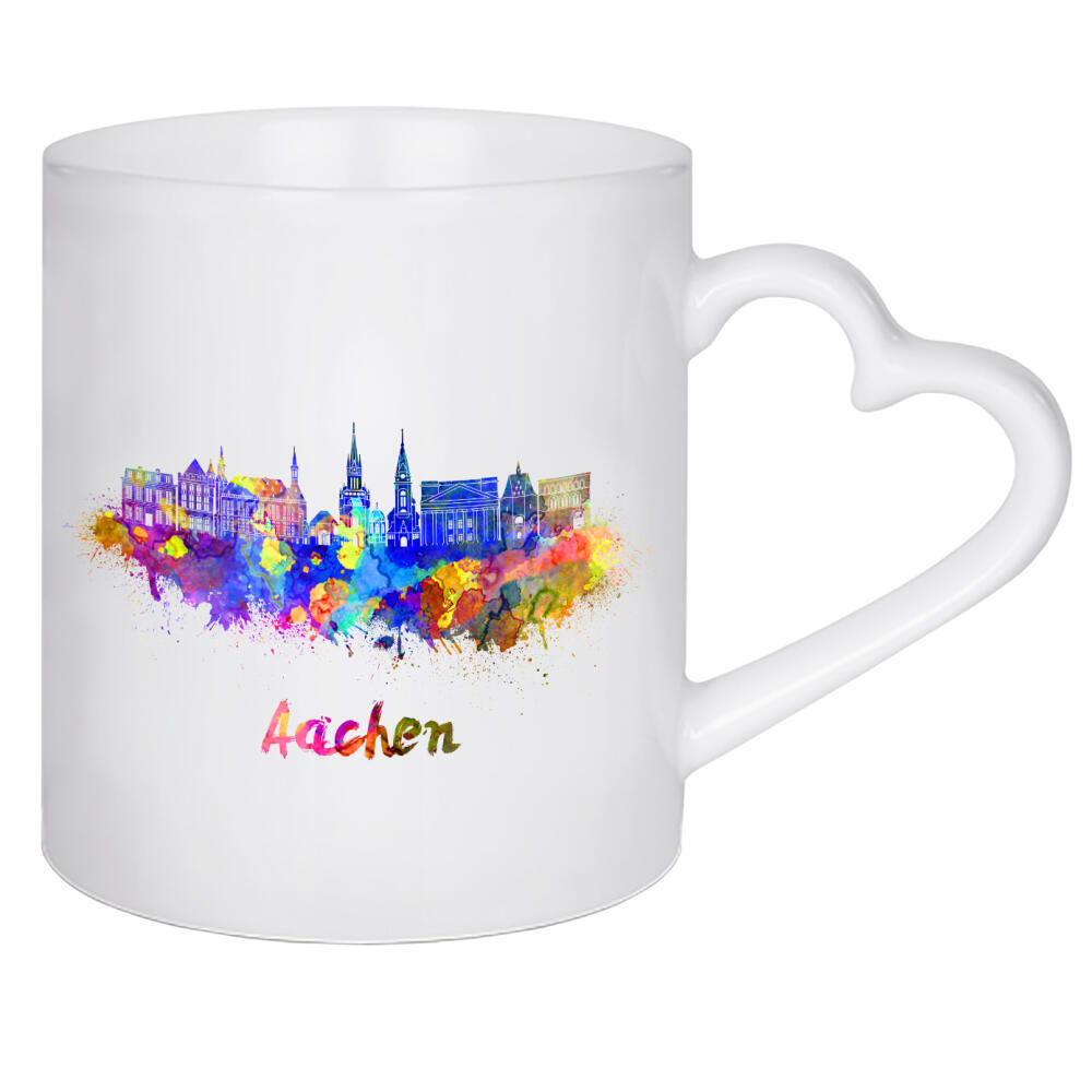 Herztasse "Aachen skyline in watercolor-b" artboxONE - Städte,Reise - Skyline,Monuments,Travel,Tourism,Panoramic,City,Famous,Aachen,Bunt,Colorful