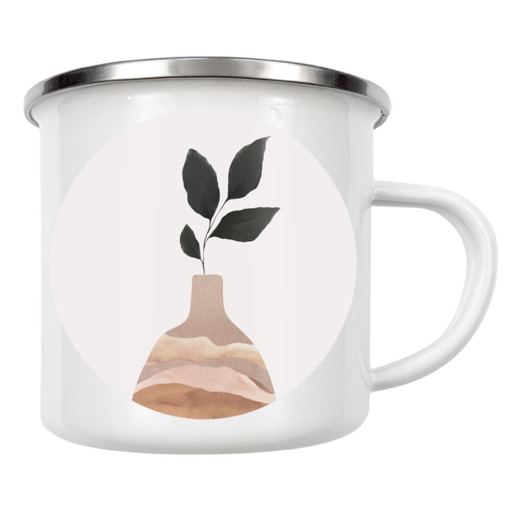 Emaille Tasse "Clay Vase With Plant" artboxONE - Natur,Floral,Abstrakt - Vase,Plant,Abstract,Minimal,Boho,Abstrakt,Pflanze,Leaves,Blätter