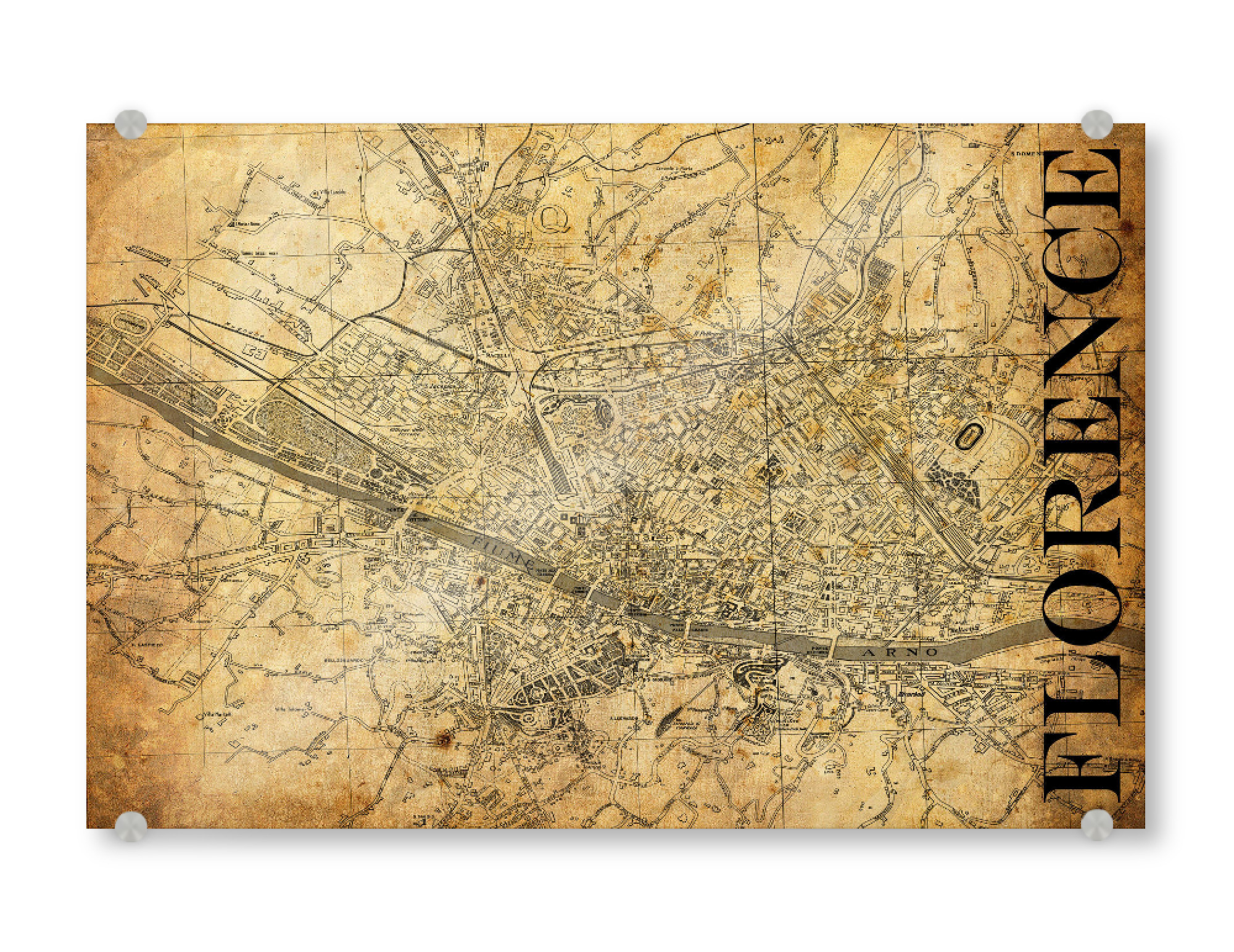 Acrylglasbild "Retro Map Florence Sepia" artboxONE - Typografie,Retro,Weltkarten,Kartografie - Karte,Map,Stadt,Typo,Typographie,Retro,City