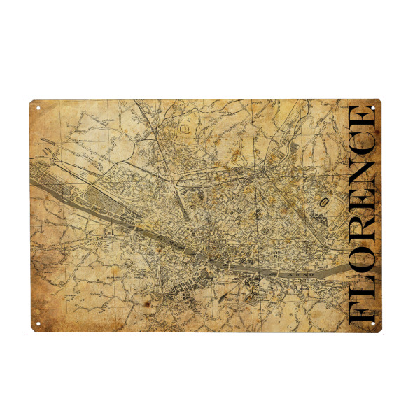 Holzbild "Retro Map Florence Sepia" artboxONE - Typografie,Retro,Weltkarten,Kartografie - Karte,Map,Stadt,Typo,Typographie,Retro,City