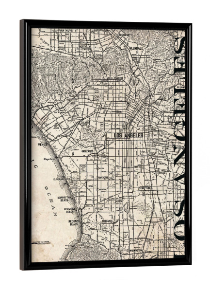 Poster mit schwarzem Rahmen "Retro Map Los Angeles Grunge" artboxONE - Typografie,Retro,Weltkarten,Städte / Los Angeles,Kartografie