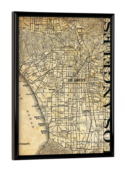 Poster mit schwarzem Rahmen "Retro Map Los Angeles Sepia" artboxONE - Typografie,Retro,Weltkarten,Städte / Los Angeles,Kartografie
