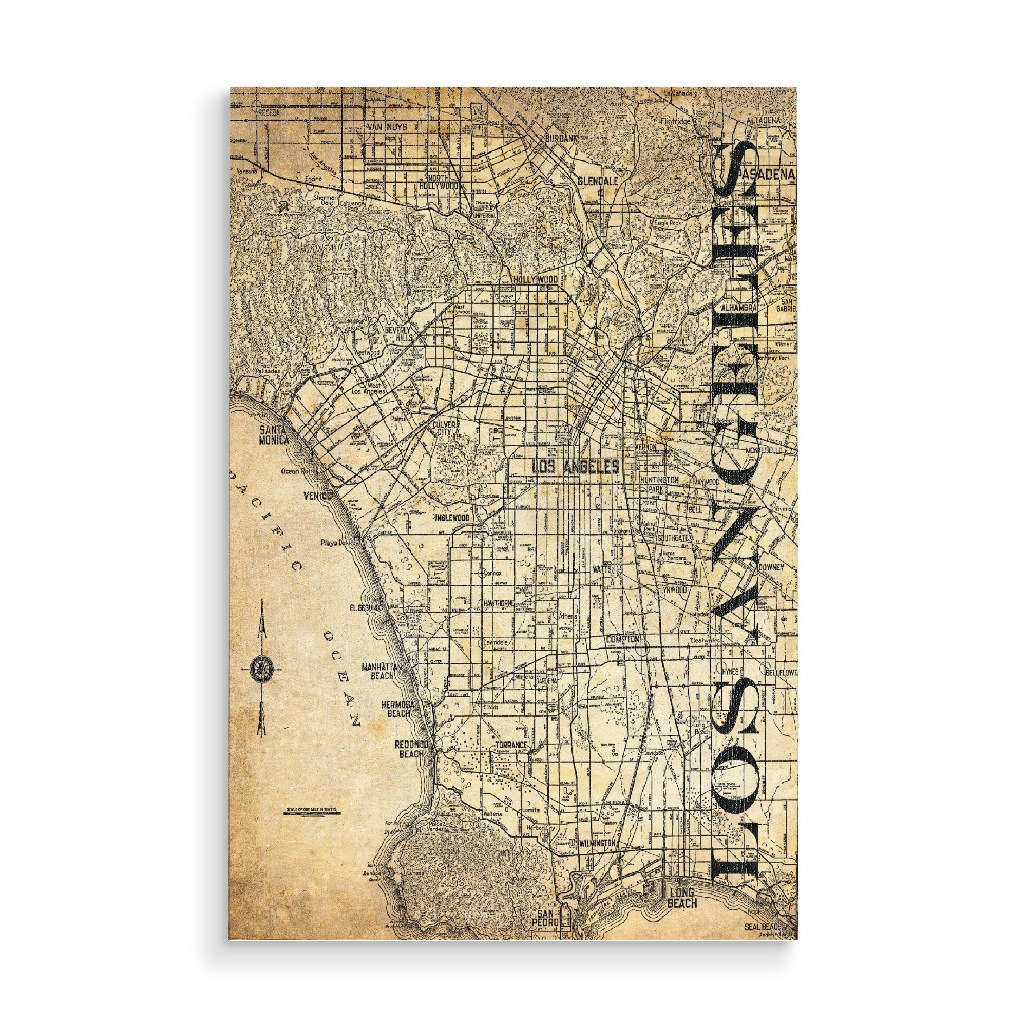 Holzbild "Retro Map Los Angeles Sepia" artboxONE - Typografie,Retro,Weltkarten,Städte / Los Angeles,Kartografie