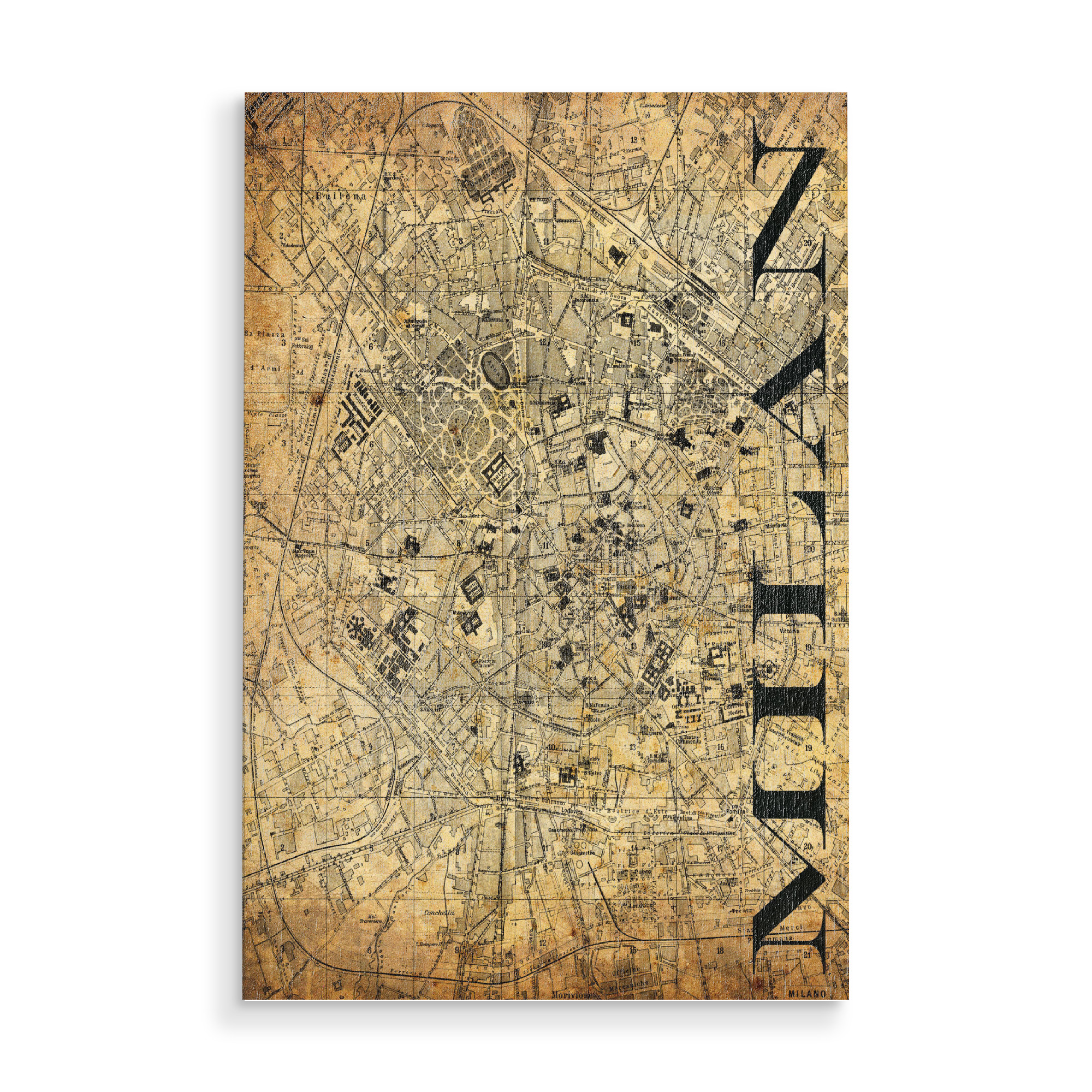 Holzbild "Retro Map Milan Sepia" artboxONE - Typografie,Retro,Weltkarten,Kartografie - Karte,Map,Stadt,Typo,Typographie,Retro,City,Mailand,Italien