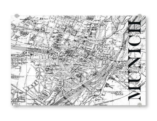 Acrylglasbild "Retro Map Munich Black" artboxONE - Städte / München,Typografie,Schwarzweiß,Retro,Weltkarten,Kartografie