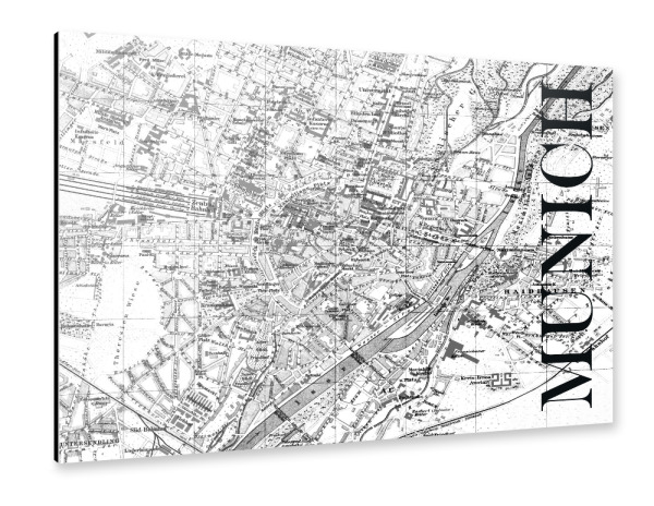 Alu-Dibond "Retro Map Munich Black" 30x20 cm artboxONE