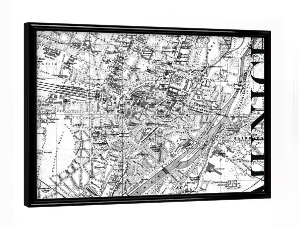 Poster mit schwarzem Rahmen "Retro Map Munich Black" artboxONE - Städte / München,Typografie,Schwarzweiß,Retro,Weltkarten,Kartografie