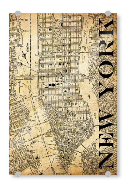Acrylglasbild "Retro Map New York Sepia" artboxONE - Städte / New York,Typografie,Retro,Weltkarten,Kartografie