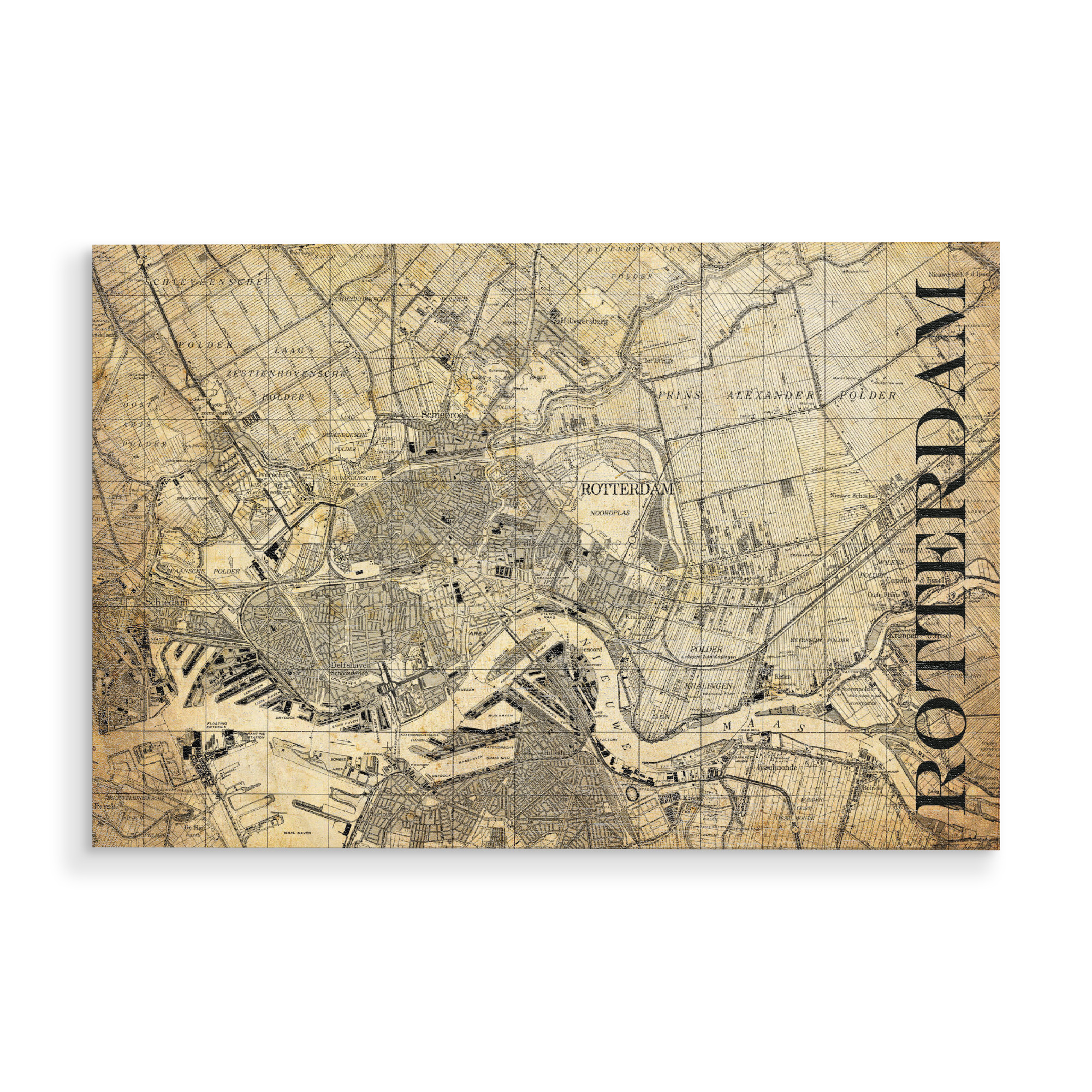 Holzbild "Retro Map Rotterdam Sepia" artboxONE - Typografie,Retro,Weltkarten,Kartografie - Karte,Map,Stadt,Typo,Typographie,Retro,City