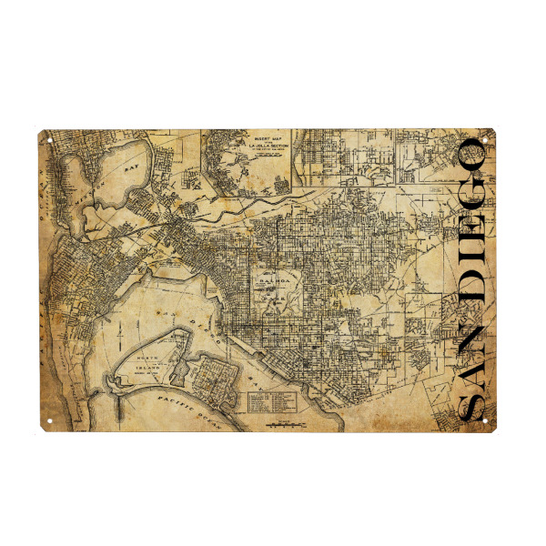 Metall Poster "Retro Map San Diego Sepia" artboxONE - Typografie,Retro,Weltkarten,Städte / Weitere,Kartografie
