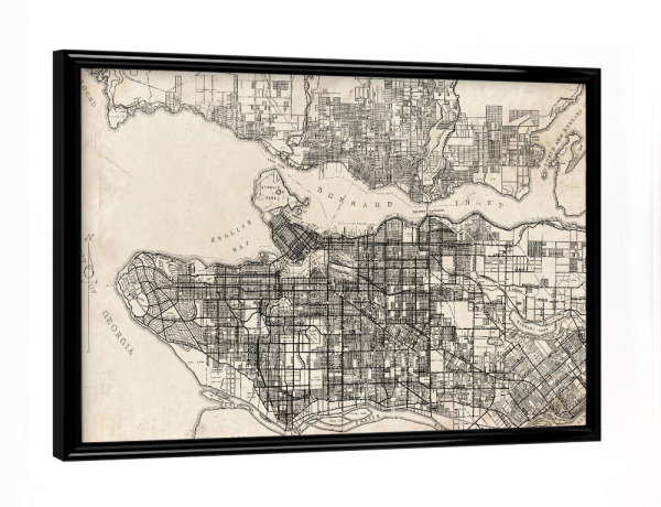 Poster mit schwarzem Rahmen "Retro Map Vancouver Grunge" artboxONE - Typografie,Retro,Weltkarten,Städte / Weitere,Kartografie