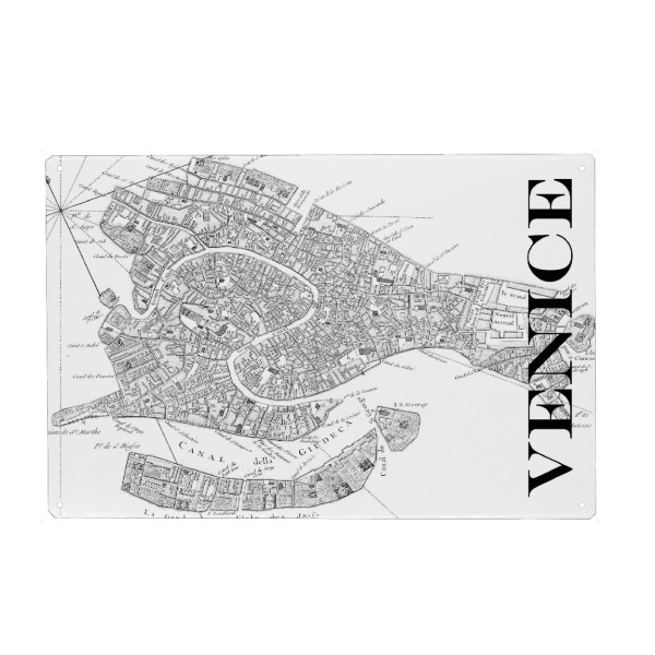 Holzbild "Retro Map Venice Black" artboxONE - Typografie,Schwarzweiß,Städte / Venedig,Retro,Weltkarten,Kartografie