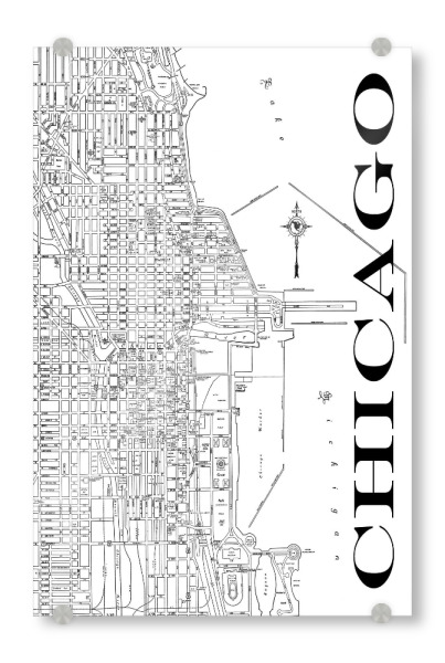Acrylglasbild "Retro Map Chicago Black" artboxONE - Typografie,Schwarzweiß,Städte / Chicago,Retro,Weltkarten,Kartografie