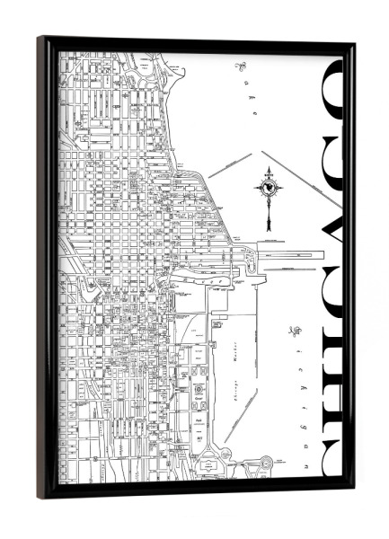 Poster mit schwarzem Rahmen "Retro Map Chicago Black" artboxONE - Typografie,Schwarzweiß,Städte / Chicago,Retro,Weltkarten,Kartografie
