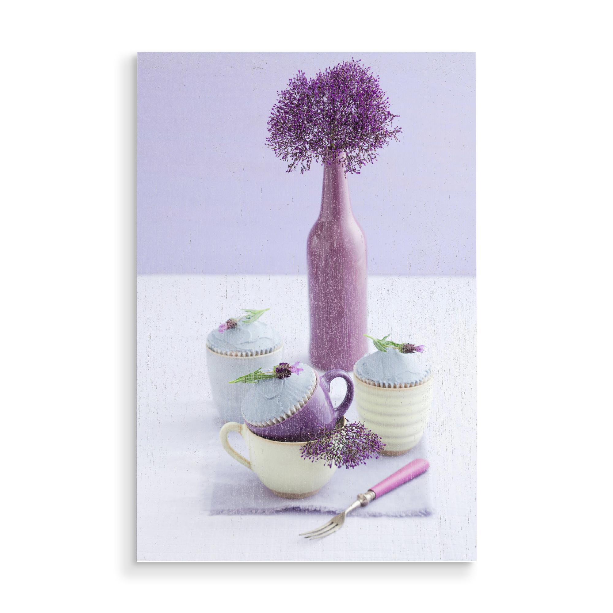 Holzbild "Purple Vase" artboxONE - Rock the kitchen,Essen & Trinken,Pastell - Cupcake,Essen,Muffin,Tasse,Tassen,Vasen,Blume