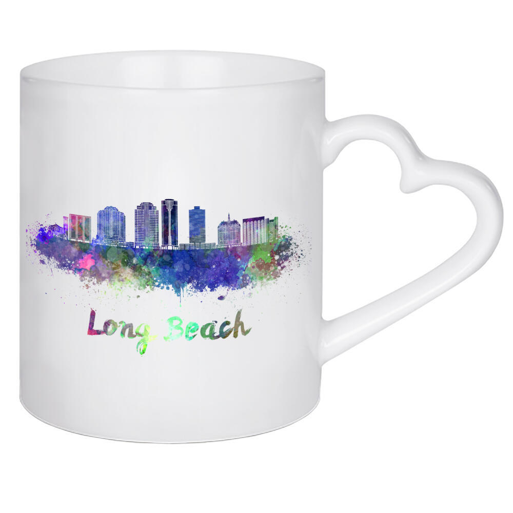 Herztasse "LONG BEACH-v2-Skyline" artboxONE - Städte,Abstrakt,Architektur - Skyline,Tourismus,Stadt,Reise,Aquarell,Speicher,Langer strand,Bunt