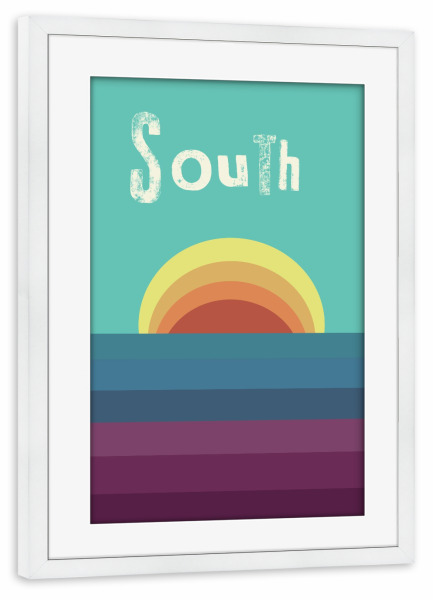 Poster mit Rahmen weiß "South" artboxONE - Typografie,Reise,Geometrie