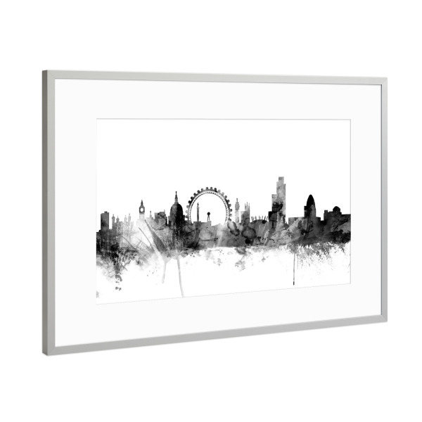 Poster mit Rahmen Silber "London England" artboxONE - Städte,Reise,Schwarzweiß - London,England,Cityscape,Skyline,Big ben,London eye,St. pauls