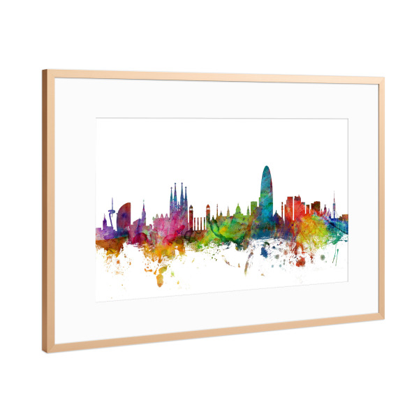 Poster mit Rahmen Kupfer "Barcelona Spain Watercolor" artboxONE - Städte,Reise - Cityscape,Skyline,Stadt,Barcelona,Messi,Sagrada familia,Spanien