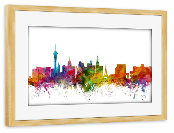Poster mit Rahmen kiefer "Las Vegas Nevada Watercolor" artboxONE - Städte,Reise - Städte,Reisen,Cityscape,Skyline,Glücksspiel,Usa,Wüste