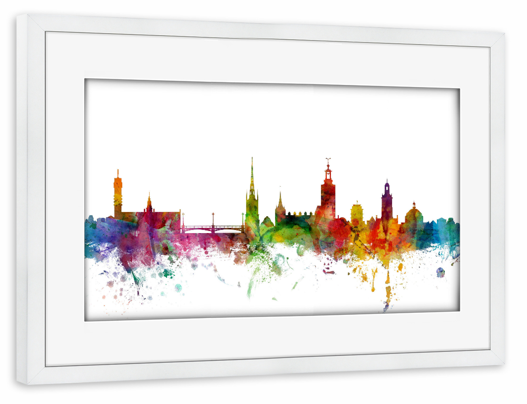 Poster mit Rahmen weiß "Stockholm Sweden Watercolor" artboxONE - Städte,Reise - Schweden,Stadtbild,Skyline,Stockholm,Skandinavien