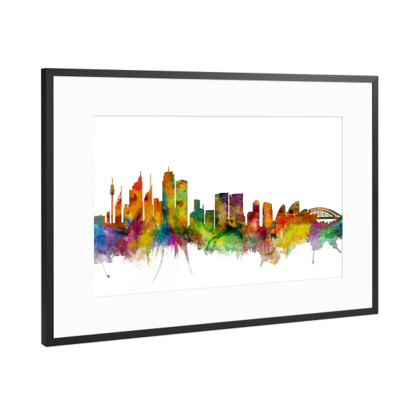 Poster mit Rahmen Schwarz (Metallic) "Sydney Australia Watercolor" artboxONE - Städte,Reise - Sydney,Skyline,Australien,Cityscape,Sydney oper