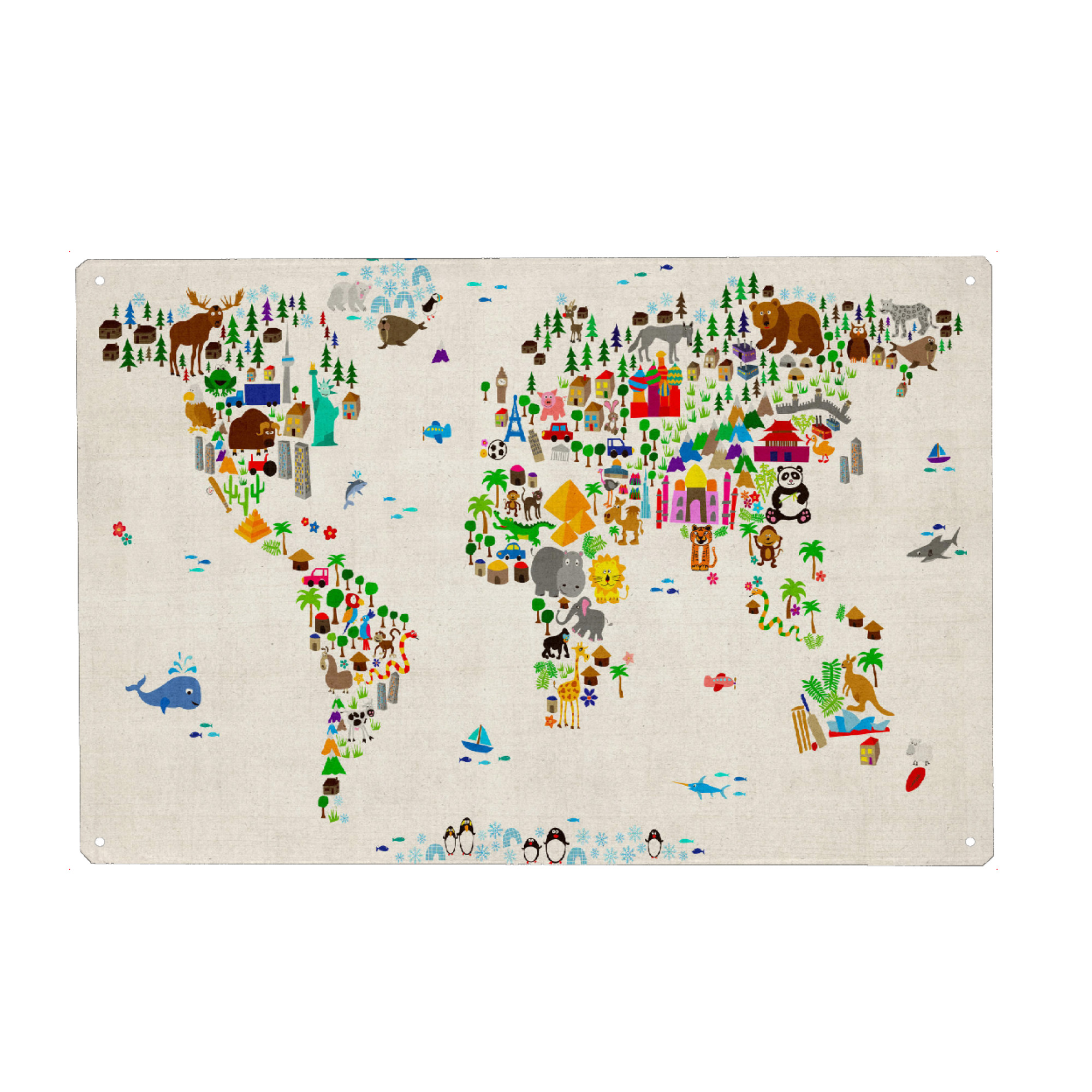 Metall Poster "Animal Map of the World" artboxONE - Für Kinder,Tiere - World map,Animals,Weltkarte,Tiere,Karte,Bunt - Blechschild