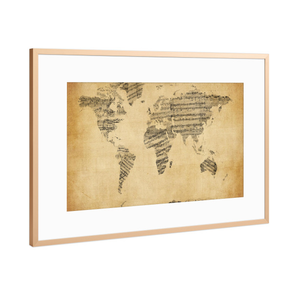Poster mit Rahmen Kupfer "World Map Music Retro" artboxONE - Reise,Musik,Reise / Länder