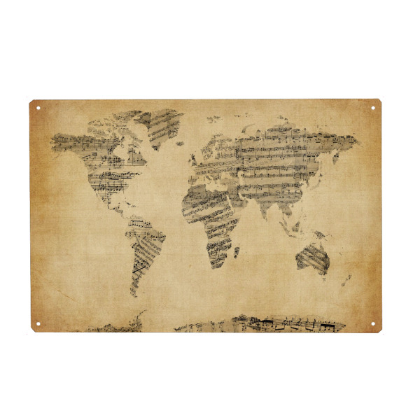 Holzbild "World Map Music Retro" artboxONE - Reise,Musik,Reise / Länder - Map of the world,World map,Text map,Typography map,Map art,Music,Musik