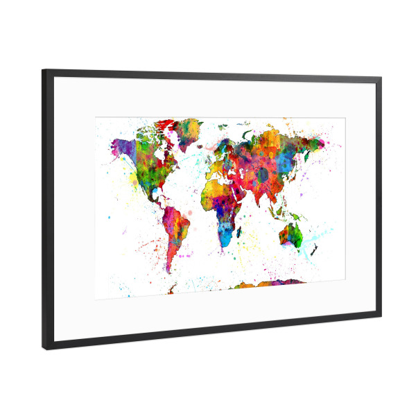 Poster mit Rahmen Schwarz (Metallic) "World Map Watercolour" artboxONE - Reise,Reise / Länder - Weltkarte,Wasserfarbe,World map