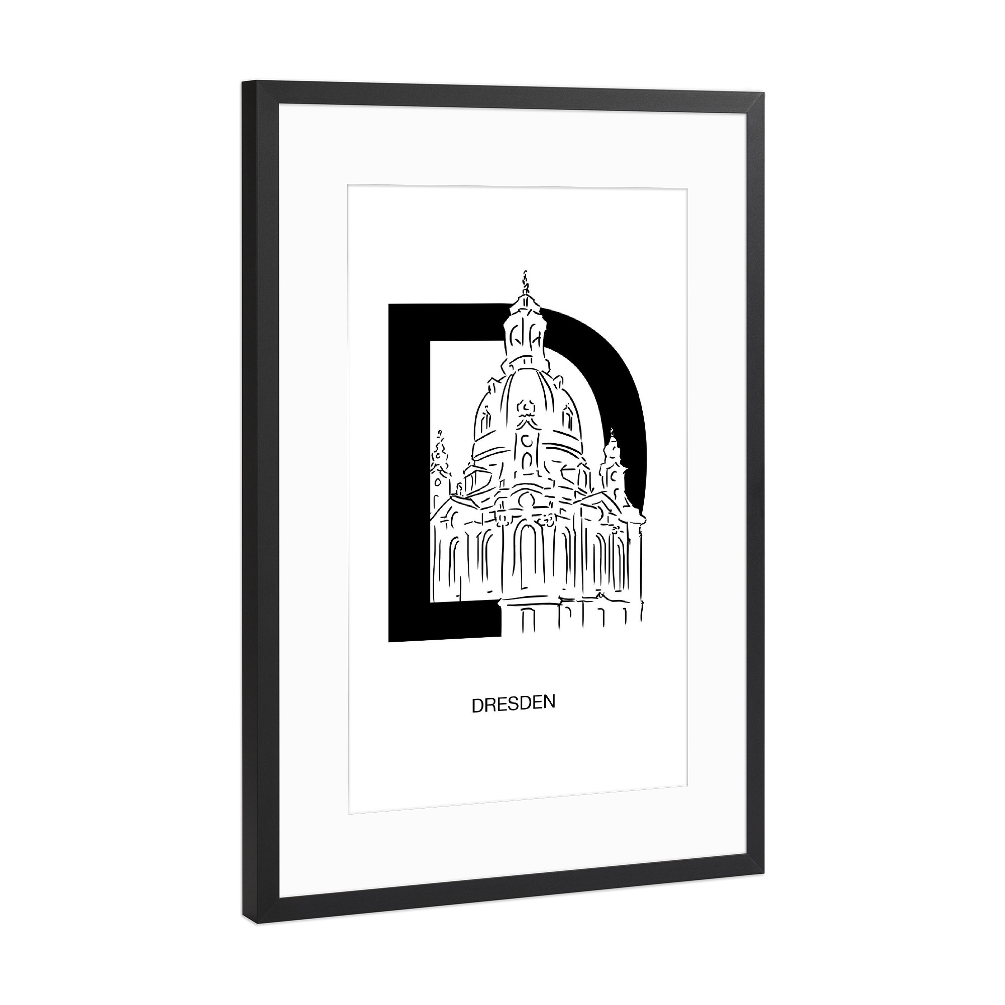 Poster mit Rahmen Schwarz (Metallic) "Dresden In Letters" artboxONE - Typografie,Reise,Schwarzweiß,Stift & Papier,Illustration,Städte / Dresden