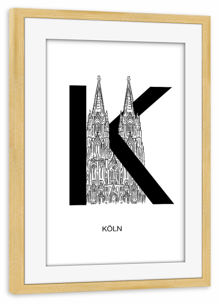 Poster mit Rahmen kiefer "Köln In Letters" artboxONE - Städte / Köln,Typografie,Reise,Schwarzweiß,Stift & Papier