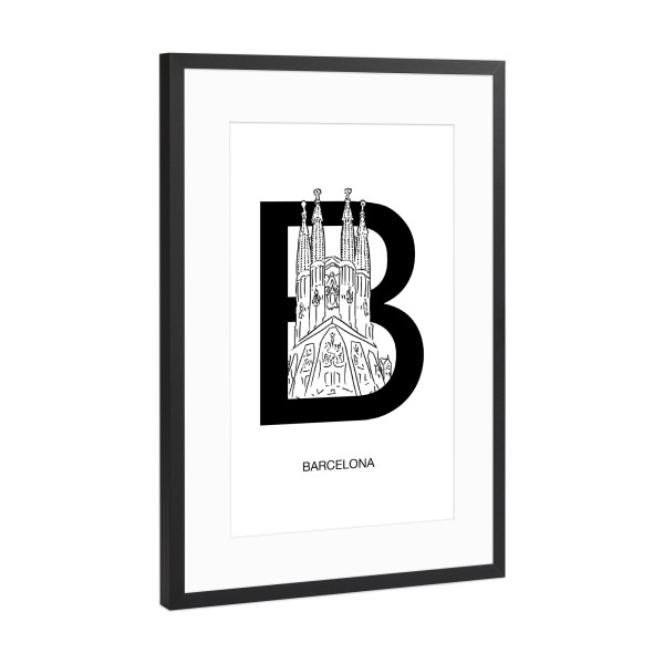 Poster mit Rahmen Schwarz (Metallic) "Barcelona In Letters" artboxONE - Typografie,Reise,Schwarzweiß,Stift & Papier,Städte / Barcelona