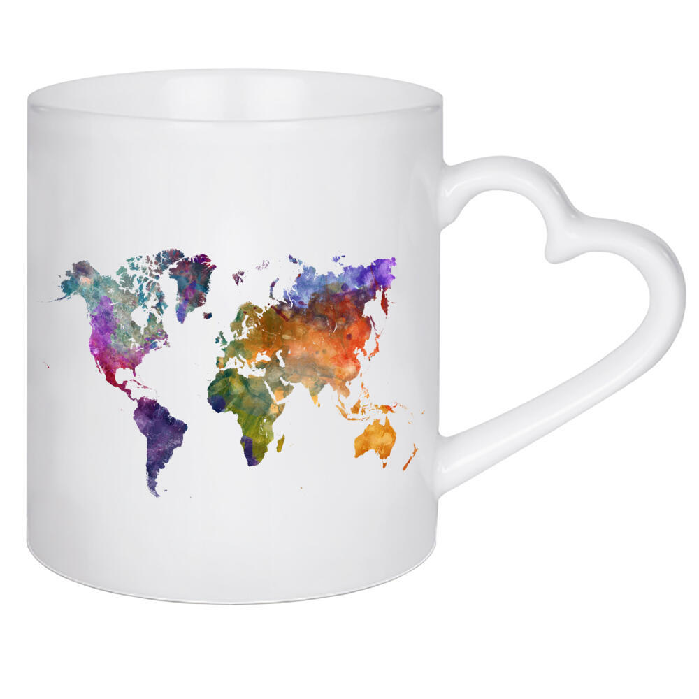 Herztasse "Aquarell Weltkarte-ah" artboxONE - Abstrakt,Kartografie - Karte,Karten,Aquarell,Farbe,Weltkarte,Atlas,Abbildung,Flach,Bunt,Elegant,Abstrakt