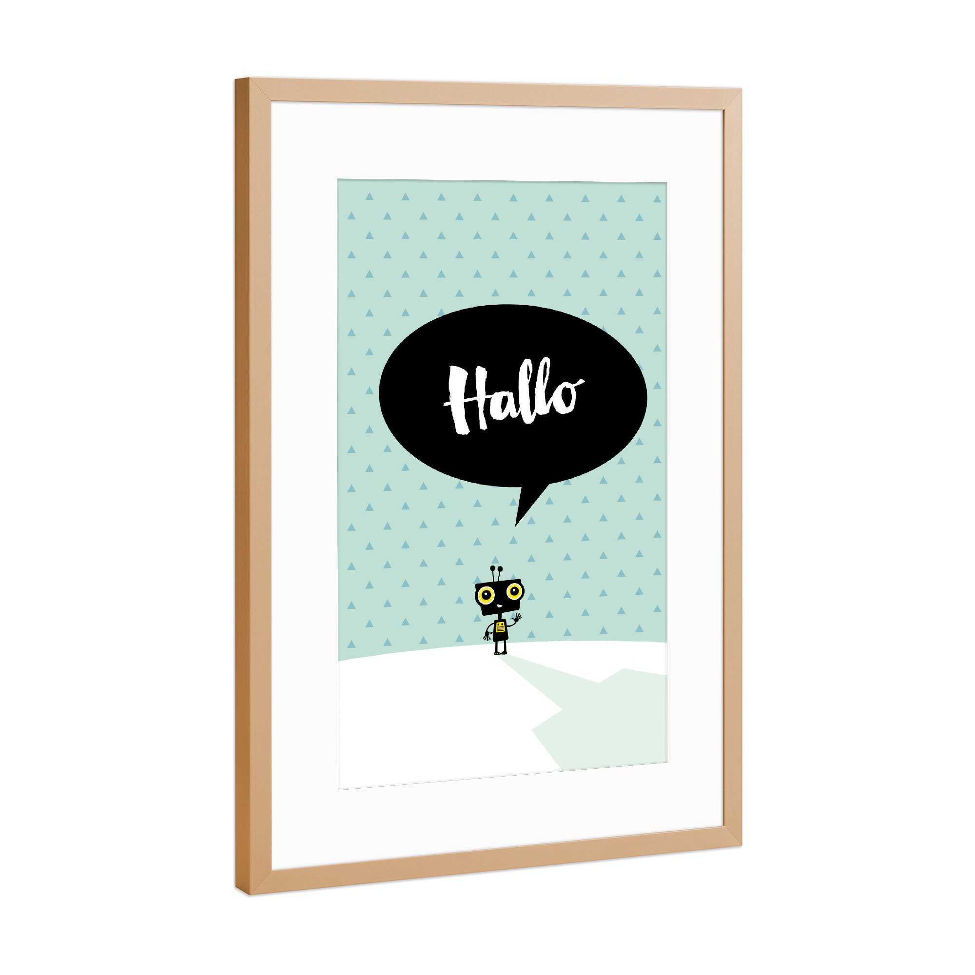 Poster mit Rahmen Kupfer "Hallo kleiner Roboter" artboxONE - Für Kinder,Comic - Roboter,Hallo,Spruch,Grüße augen,Muster,Dreiecke,Einfach,Süß,Niedlich