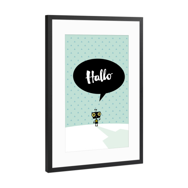 Poster mit Rahmen Schwarz (Metallic) "Hallo kleiner Roboter" artboxONE - Für Kinder,Comic