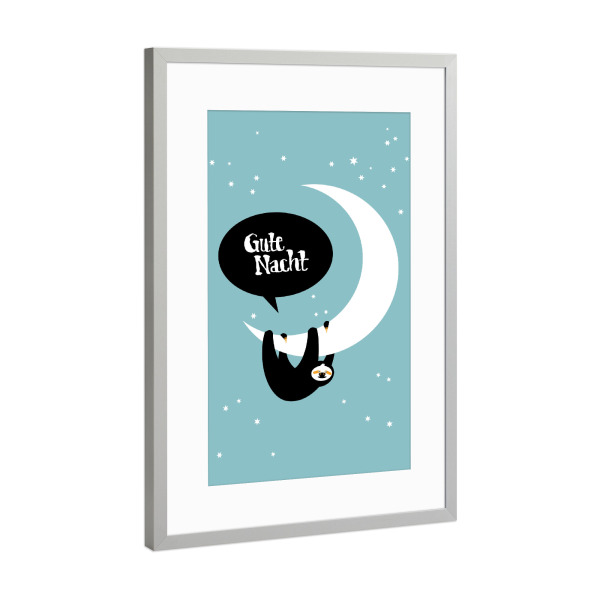 Poster mit Rahmen Silber "Gute Nacht Faultier" artboxONE - Typografie,Für Kinder,Für Kinder,Tiere,Comic