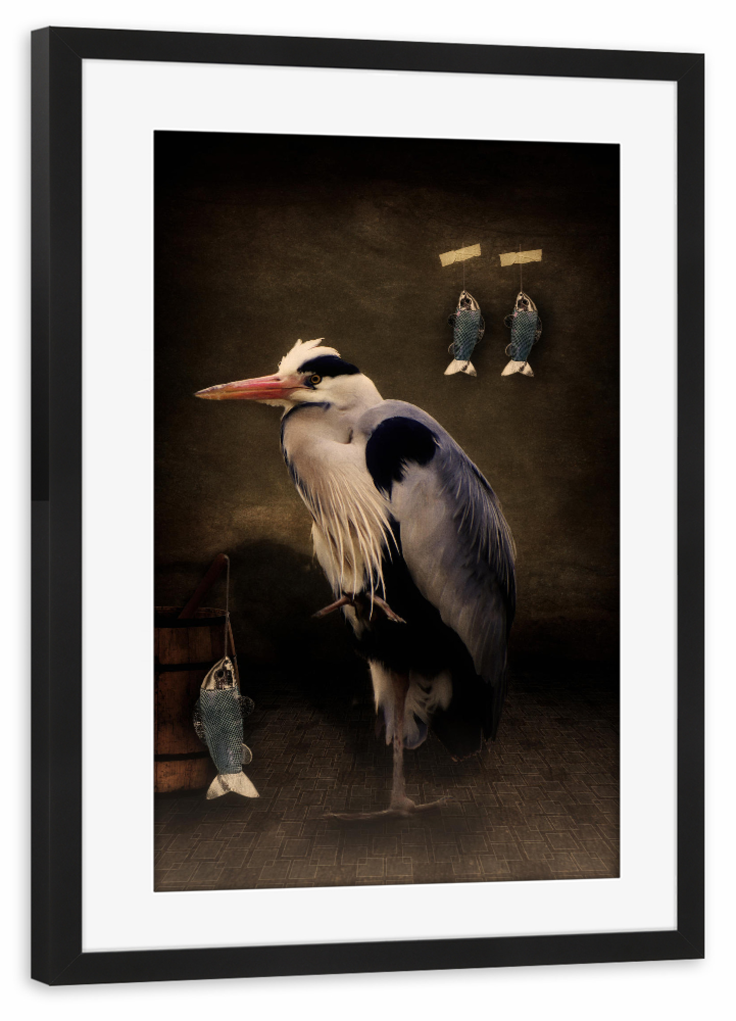 Poster mit Rahmen schwarz "Herons home" artboxONE - Tiere,Fiktion,Lustig - Vogel,Fischreiher,Fisch,Tierportrait,Composing,Vogelportrait,Lustig