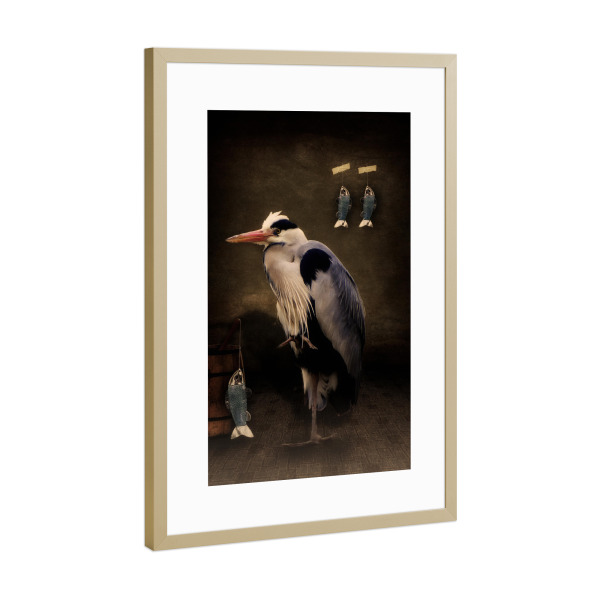 Poster mit Rahmen Gold "Herons home" artboxONE - Tiere,Fiktion,Lustig - Vogel,Fischreiher,Fisch,Tierportrait,Composing,Vogelportrait,Lustig