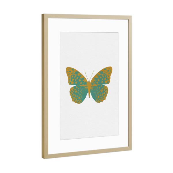 Poster mit Rahmen Gold "Gold and Green Butterfly" artboxONE - Natur,Tiere,Abstrakt