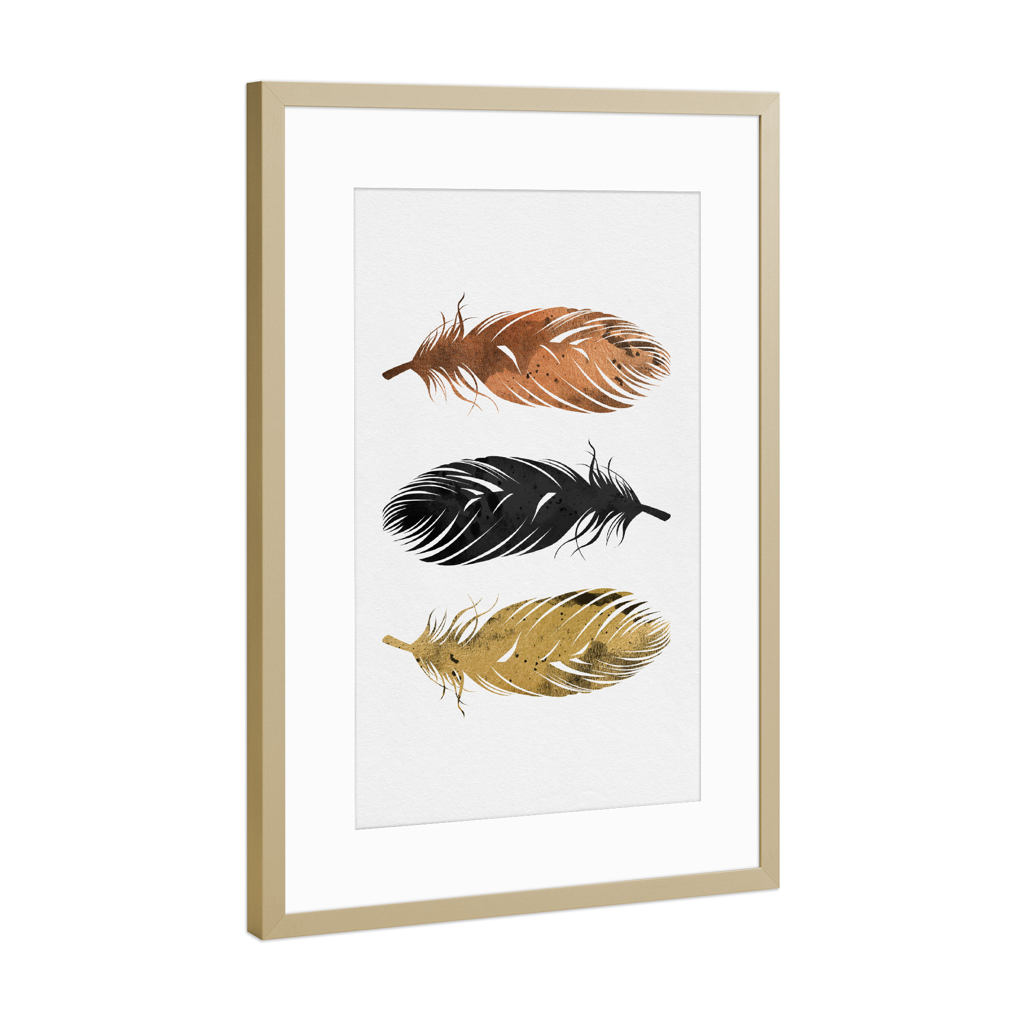 Poster mit Rahmen Gold "Copper And Golden Feathers" artboxONE - Natur,Tiere,Abstrakt - Federn,Gold,Kupfer,Schwarz