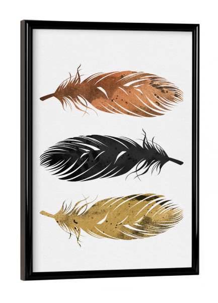 Poster mit schwarzem Rahmen "Copper And Golden Feathers" artboxONE - Natur,Tiere,Abstrakt - Federn,Gold,Kupfer,Schwarz