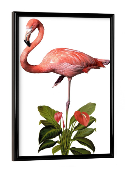 Poster mit schwarzem Rahmen "Frollein Flamingo" artboxONE - Tiere,Essen & Trinken - Auf einem bein,Blume,Palme,Kinderzimmer,Wohnzimmer