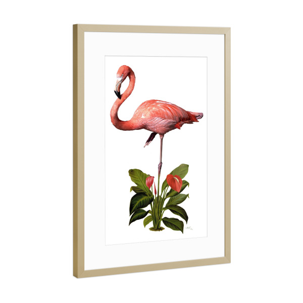 Poster mit Rahmen Gold "Frollein Flamingo" artboxONE - Tiere,Essen & Trinken - Auf einem bein,Blume,Palme,Kinderzimmer,Wohnzimmer